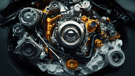 Explore a stunning close-up of a high-performance engine assembly, showcasing intricate metallic components and advanced engineering design elements.の素材