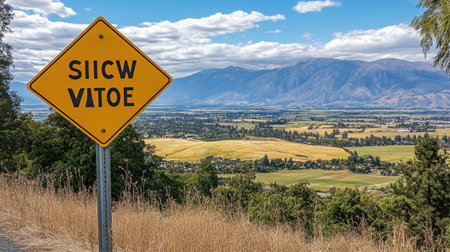 A breathtaking view of the countryside featuring a warning sign along the road. The scene showcases lush green fields and majestic mountains under a dynamic sky.の素材