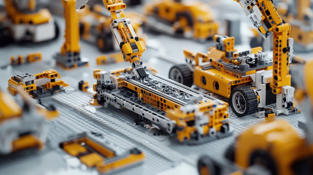 A vivid scene of a robotics assembly line showcasing yellow machines and modular components, representing innovation and advanced manufacturing techniques.の素材