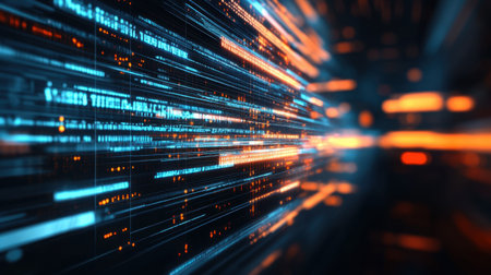 This abstract digital background features vibrant lines and glowing particles, illustrating concepts of data transmission and technological advancement through motion blur effects.の素材