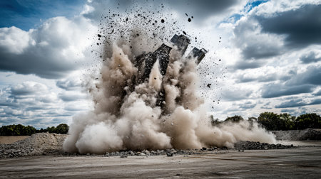 An intense explosion of concrete debris creates a dramatic scene at a construction site, surrounded by fluffy clouds and a dynamic sky above.の素材