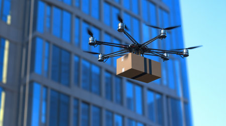 A delivery drone hovers over a modern urban setting, carrying a package to showcase innovative logistics and technology in the city environment.の素材