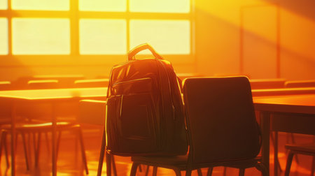 A serene image of an empty classroom at dusk, featuring a backpack resting on a chair amidst warm sunlight and soft shadows, conveying a sense of tranquility.の素材