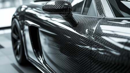 This captivating image showcases the sleek body of a sports car featuring a glossy carbon fiber finish, reflecting modern design elements in an indoor setting.の素材