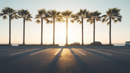 A tranquil scene showcasing palm trees silhouetted against a stunning sunset over a coastal road, casting long shadows on the empty asphalt.の素材