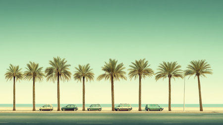 A stunning coastal scene featuring palm trees lining the road beside a tranquil ocean. Vintage cars parked along the scenic roadway create a nostalgic atmosphere.の素材