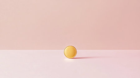 A stunning close-up image of a single yellow macaroon set against a soft pink background, emphasizing minimalist design and food presentation.の素材