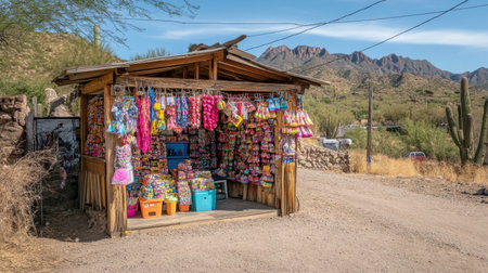 A picturesque market stall offering handcrafted goods in a vibrant display, set against a stunning desert landscape with mountains and cacti.の素材