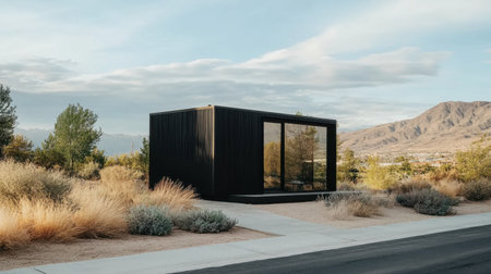 A striking black cabin contrasts beautifully with the natural desert surroundings. This modern structure offers tranquility and a perfect retreat for nature lovers, blending seamlessly into the landscape.の素材