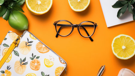 A vibrant flat lay arrangement featuring fresh lemons and limes alongside stylish glasses and a colorful notebook, set against a bright orange background, perfect for creative inspiration and lifestyle themes.の素材