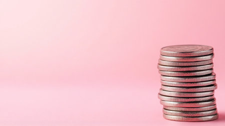 A neat stack of coins rests on a soft pink backdrop, symbolizing financial growth and investment opportunities in a vibrant and modern context.の素材
