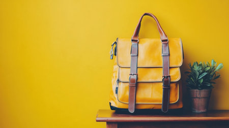 A stylish yellow messenger bag rests on a wooden table next to a small plant, set against a vivid yellow wall. Perfect for modern decor and lifestyle photography.の素材