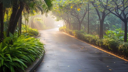 A peaceful pathway meanders through a lush green forest, enveloped in soft morning mist, creating a serene and tranquil atmosphere for nature lovers.の素材