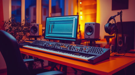 A stylish music studio setup featuring a MIDI keyboard, computer screen displaying audio tracks, speakers, and headphones. Ideal for creativity and production.の素材