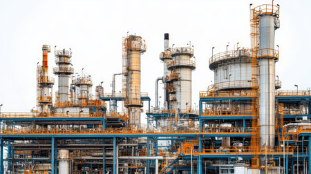 A detailed view of a modern industrial plant featuring towering structures, numerous pipes, and vibrant safety colors against a bright sky.の素材