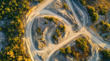 An aerial view showcasing winding dirt roads surrounded by lush green vegetation in a scenic quarry landscape during sunset, highlighting nature's beauty.の素材