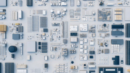 Explore an aerial viewpoint showcasing an organized array of geometric shapes and patterns in diverse materials, perfect for design inspiration.の素材