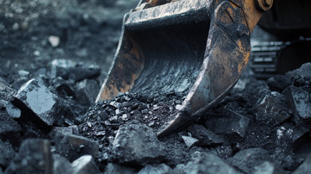 An excavator bucket engaged in the process of scooping dark coal, showcasing heavy machinery in an industrial mining setting, emphasizing raw materials.の素材