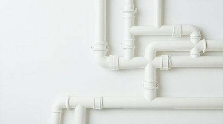 A visually striking image of white pipes arranged in a geometric pattern against a clean wall, ideal for backgrounds in industrial or construction themes.の素材