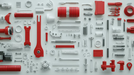 A visually striking arrangement of red and white engineering components showcases the diversity of industrial parts, perfect for backgrounds in technical materials.の素材