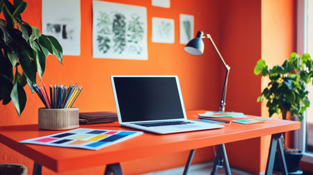 A vibrant home office featuring a modern desk with a laptop, colorful stationery, and lush green plants against striking orange walls, perfect for inspiration.の素材