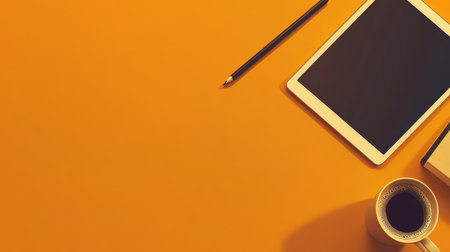 This image features a modern workspace setup with a tablet, pencil, coffee cup, and notebook arranged on a bright orange surface, perfect for creative inspiration.の素材