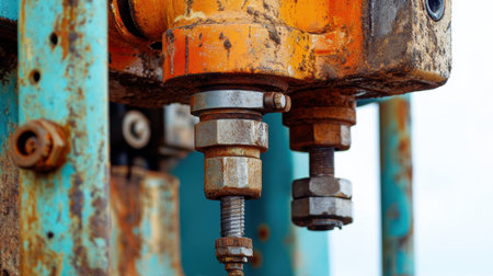 Detailed close-up image of a rusty industrial machinery component featuring bolts and washers, showcasing the textures and colors of heavy-duty equipment.の素材