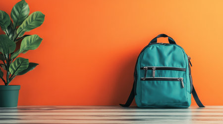 A vibrant teal backpack rests on a wooden table beside a lush green plant, set against a bold orange wall. Perfect for showcasing modern style and versatility.の素材