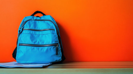 A striking blue backpack rests on a wooden table before a vibrant orange wall, capturing a perfect blend of modern design and educational themes, ideal for various visuals.の素材