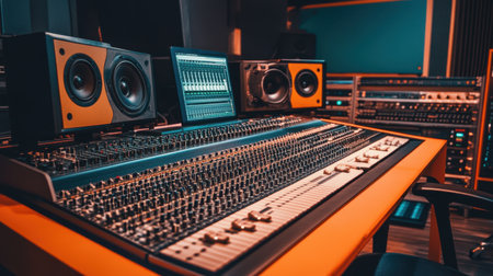 This image showcases a modern audio production studio, featuring a professional mixer, high-quality speakers, and advanced recording technology for sound editing.の素材