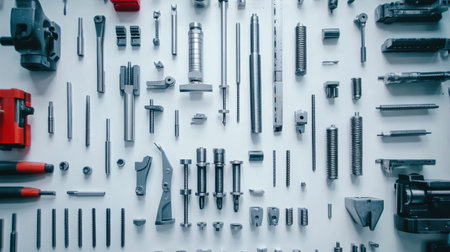 This image showcases an extensive collection of metal tools and components arranged on a clean white background, ideal for industrial, mechanical, and engineering themes.の素材