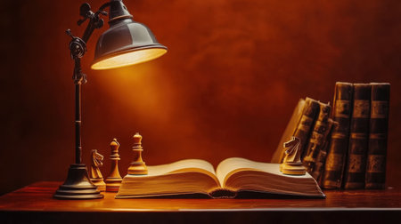 This cozy scene features an open book under a warm lamp glow, accompanied by chess pieces and vintage books, creating a serene atmosphere for study and reflection.の素材