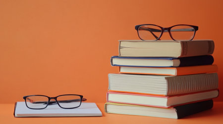 A vibrant composition featuring a stack of colorful books topped with glasses against an orange background. Ideal for themes of education and learning.の素材