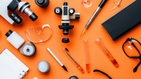 A visually engaging arrangement of laboratory equipment and glassware on a vibrant orange background, highlighting essential tools for scientific research and experimentation.の素材