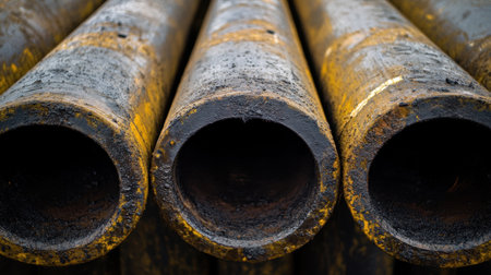 This image captures a detailed close-up view of weathered steel pipes displaying rust and grime. Perfect for illustrating industrial settings and materials.の素材