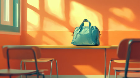 A stylish blue handbag sits on a simple wooden table in a bright orange room, bathed in warm sunlight, creating a serene and modern atmosphere.の素材