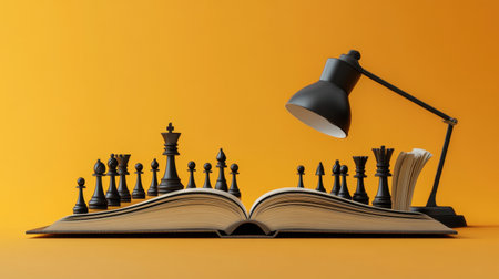 This creative image features a set of black chess pieces elegantly arranged on an open book, illuminated by a stylish desk lamp against a vibrant orange backdrop, symbolizing strategy and intelligence.の素材
