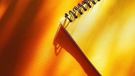 A bright yellow spiral notebook sits on a vibrant orange background, creating a visually striking composition with light and shadow interplay. Perfect for creative projects.の素材