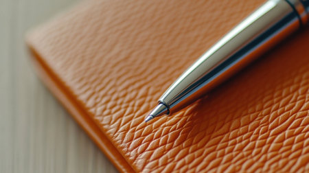 A close-up view of a sophisticated silver pen delicately placed on a vibrant orange leather notebook. Ideal for themes of creativity and organization.の素材