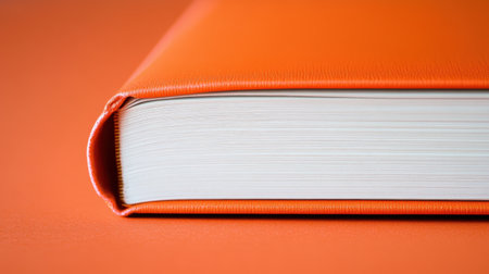 A close-up view of an orange book cover displayed against a matching orange background, showcasing its textured surface and crisp edges. Ideal for creative projects.の素材