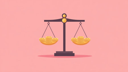 A visually appealing illustration of a balance scale featuring gold coins on either side set against a soft pink background, symbolizing financial balance and equity.の素材