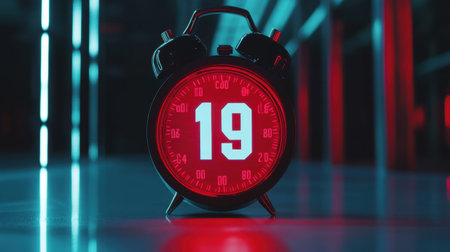 A striking digital alarm clock featuring a large bright red display, emphasizing the number 19, set against a sleek dark background, perfect for tech-focused themes.の素材