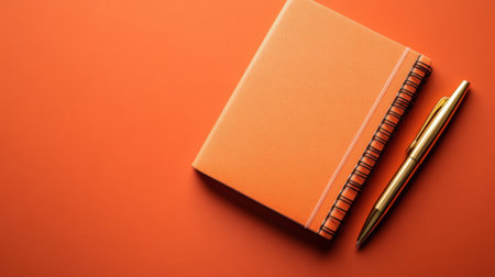 A stunning flatlay image featuring an orange notebook paired with a gold pen, set against a vibrant background perfect for inspiring creativity and productivity.の素材