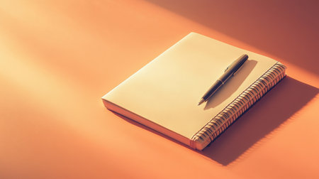 A blank notebook with a pen resting on a warm orange background, perfect for inspiring creativity and note-taking for students and writers alike.の素材