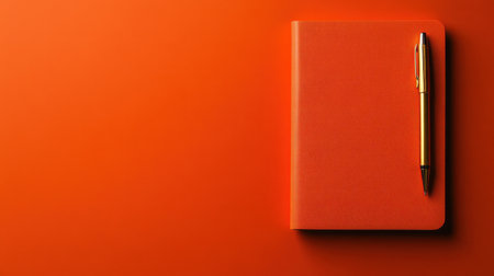 This image features a vibrant orange notebook and a sleek pen against a rich coral background, ideal for creative writing and organization.の素材