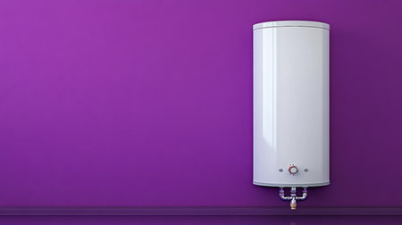 A sleek, modern water heater stands against a vibrant purple wall, enhancing contemporary bathroom or kitchen aesthetics with efficient and stylish utility.の素材