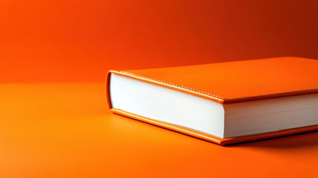 A vibrant orange book rests against an orange background, showcasing clean edges and a minimalistic design that enhances creativity and artistic themes.の素材