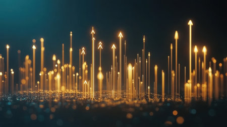 This captivating abstract image features glowing golden arrows pointing upwards, creating a sense of growth and opportunity in a dark space. The bokeh effect adds depth and intrigue, making this visual suitable for diverse themes.の素材