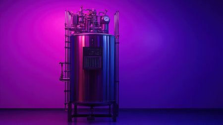 This image features a sleek industrial process vessel illuminated by vibrant purple and blue lights, set in an innovative laboratory space.の素材