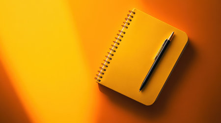 A bright yellow notebook paired with a sleek black pen rests on a vibrant orange background, perfect for showcasing creativity, organization, and inspiration.の素材